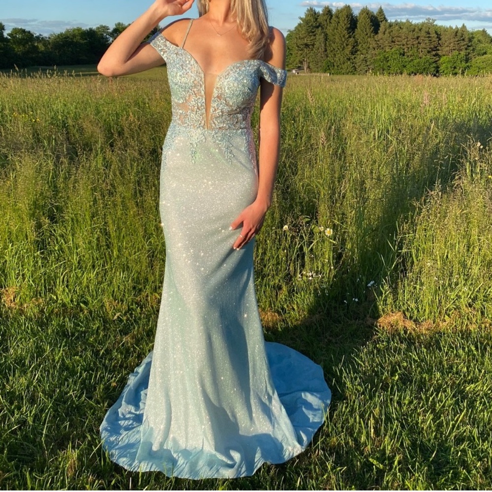 Blue sparkly prom dress with flower details